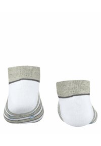 Skarpetki niskie o białym korpusie i jasnoszarym mankiecie. Posiadają poziome szare paski i niebieskie akcenty przy palcach. Wykonane z mieszanki bawełny.