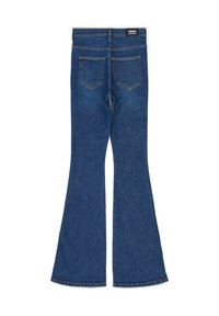 Blue denim flared jeans with a mid-rise waist, two back pockets, and visible stitching; smooth texture with standard hem finish.