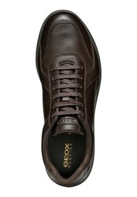 Sneaker in pelle marrone con punta rotonda, lacci frontali, colletto imbottito e suola in gomma testurizzata. Presenta il marchio "GEOX" sulla linguetta.