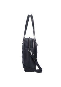 Czarna skórzana torba na ramię o teksturowanym wykończeniu, podwójne zapięcie na zamek, regulowany pasek na ramię i elegancki design. Wyświetlony widok z boku.