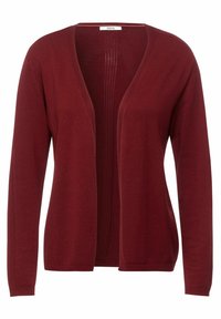 Cárdigan burdeos con diseño de pico, abertura frontal, mangas largas y textura acanalada en el centro. Material suave y ligero.