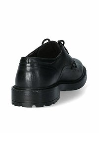 Scarpa in pelle nera con punta arrotondata, tomaia testurizzata e suola in gomma robusta. Presenta lacci e sottili dettagli di cucitura sui lati.
