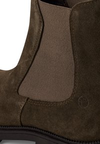 Bottine en suede marron avec un panneau élastique contrastant, bout rond et semelle en caoutchouc, mettant en avant un design épuré avec des accents minimalistes.