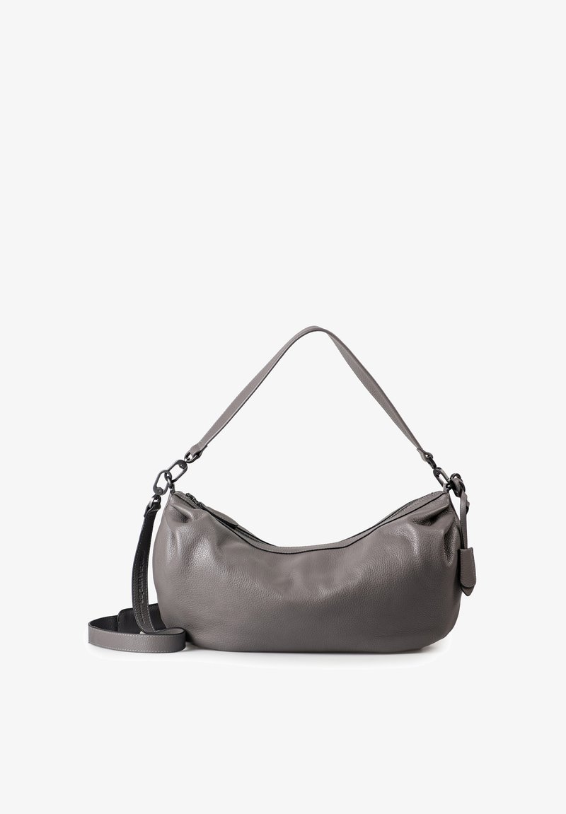 Gray leather handbag with a rounded shape, short handle, and detachable shoulder strap. Features a zip closure and textured surface.