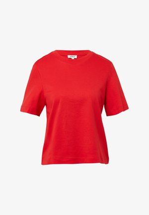 T-shirt in cotone rosso con collo a giro, maniche corte e vestibilità rilassata. Texture liscia senza motivi o accenti visibili.