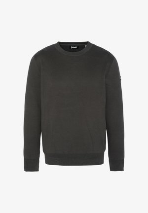Mørkegrå sweater lavet af tekstureret stof, med en rund halsudskæring og ribbede manchetter og kant, samt et lille logo på ærmet.