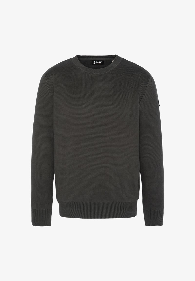 Maglione grigio scuro realizzato in tessuto testurizzato, presenta un collo a giro e polsini e orlo a coste, con un piccolo logo sulla manica.