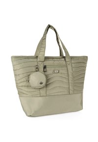 Bolsa tote de color verde oliva claro con una superficie texturizada y acolchada, y dos asas resistentes. Incluye un monedero redondo extraíble.