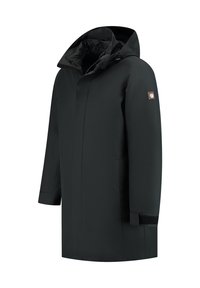 Parka negra impermeable con un alto cuello y capucha ajustable, que presenta mangas largas, cierre de cremallera y un parche con el logo en el lado.