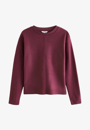 Bordeaux strikket sweater med rund ribbet hals, lange ærmer og en løs pasform. Har et sømløst frontdesign og en blød tekstur.