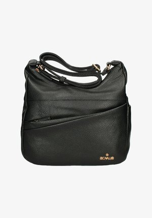 Borsa a spalla in pelle nera con finitura testurizzata, pannello frontale curvo e accenti in tonalità oro. Comprende un compartimento principale e una tasca aggiuntiva.