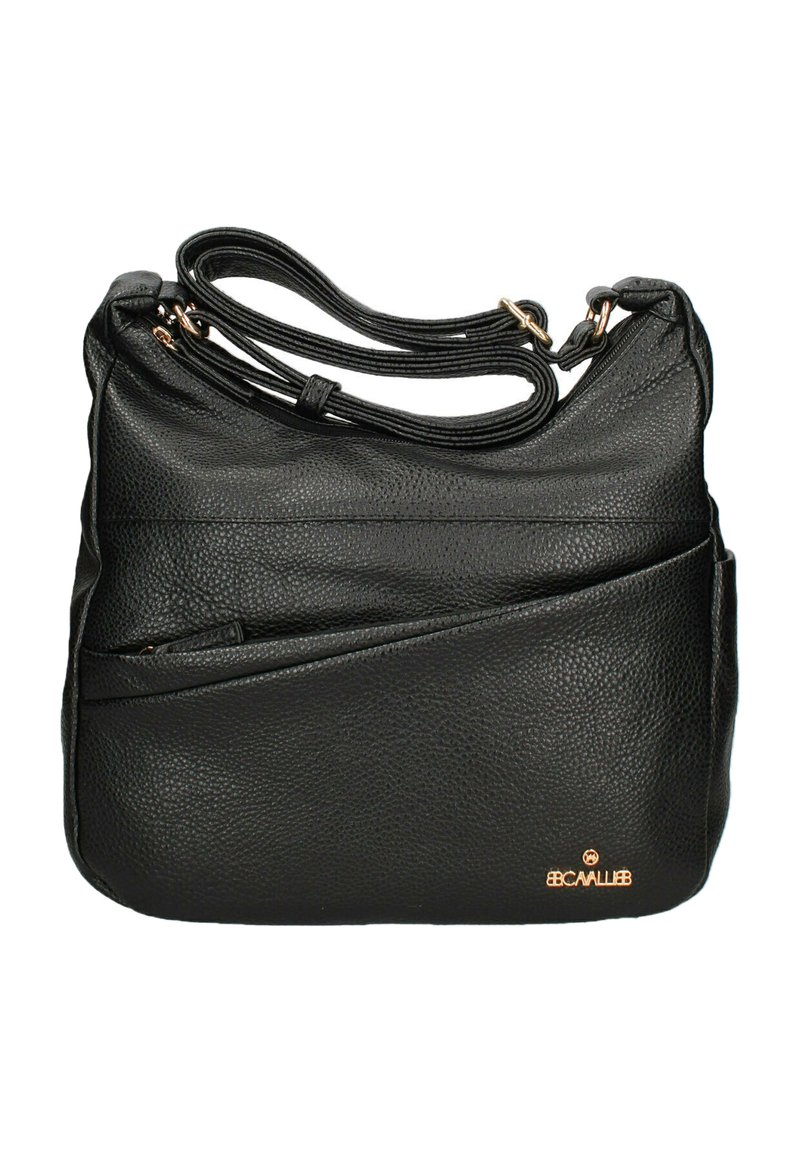 Borsa a spalla in pelle nera con finitura testurizzata, pannello frontale curvo e accenti in tonalità oro. Comprende un compartimento principale e una tasca aggiuntiva.