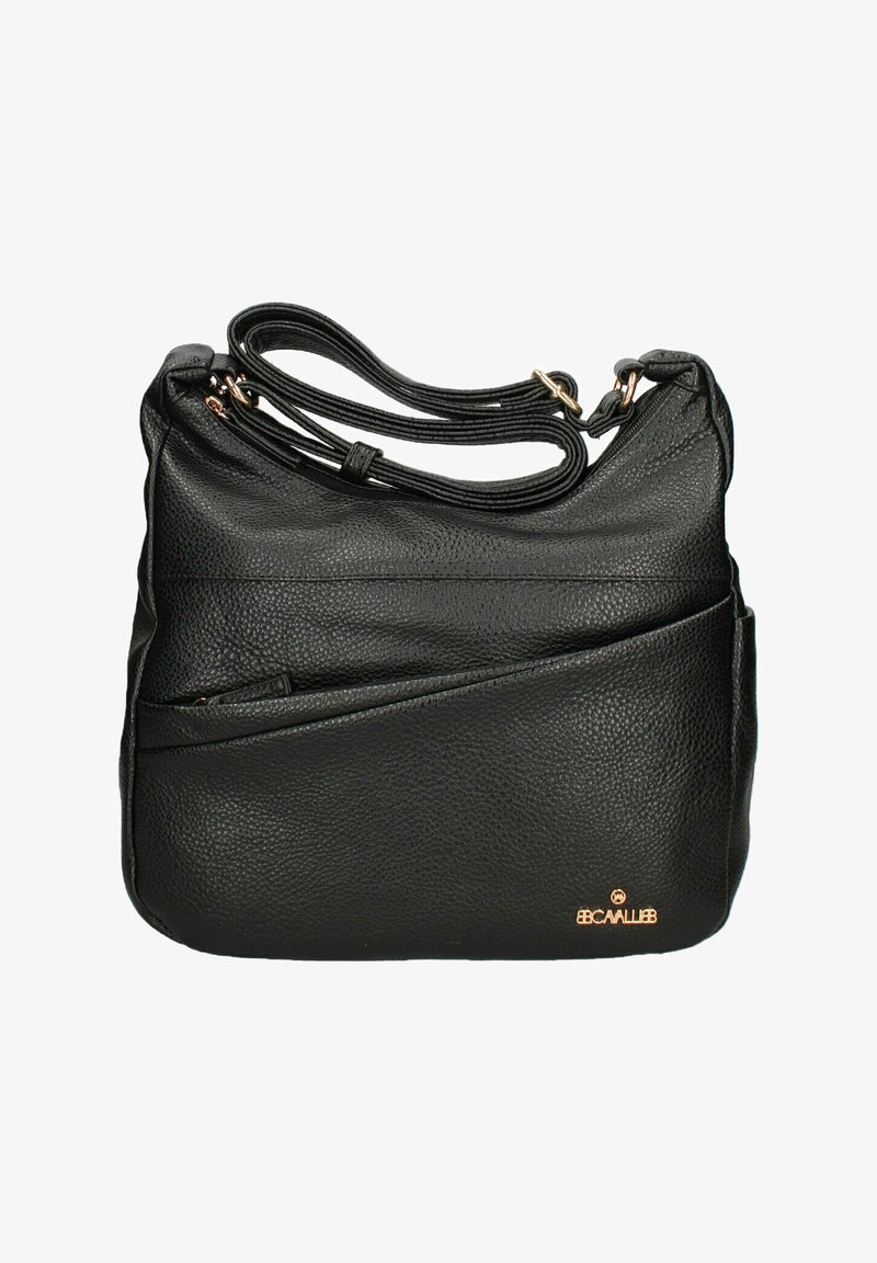 Borsa a spalla in pelle nera con finitura testurizzata, pannello frontale curvo e accenti in tonalità oro. Comprende un compartimento principale e una tasca aggiuntiva.