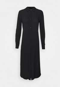 Robe noire à manches longues avec fermeture à boutons sur le devant, col et longueur mi-mollet. Fabriquée en tissu lisse avec un design sobre.