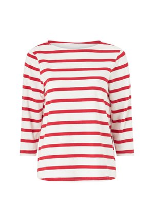 Camiseta de manga larga a rayas rojas y blancas con un escote ancho y un corte relajado, hecha de una tela suave y transpirable.