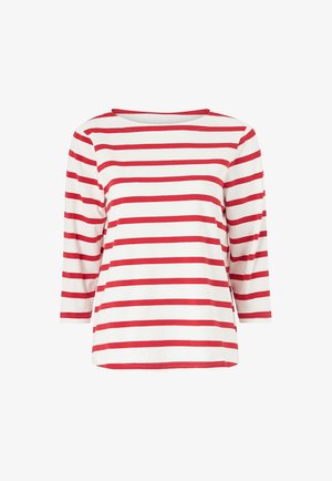 Camiseta de manga larga a rayas rojas y blancas con un escote ancho y un corte relajado, hecha de una tela suave y transpirable.