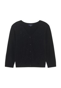 Cardigan noir avec un col en V, devant boutonné et motif de diamonds texturé. Fabriqué en matériau doux, avec des manches longues et des paillettes discrètes.