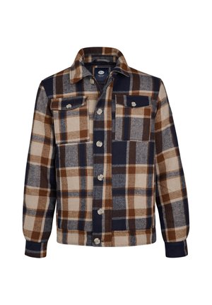Geruite jas in bruin, beige en marineblauw; gemaakt van stof; heeft een kraag, knopen aan de voorkant en twee borstzakken.