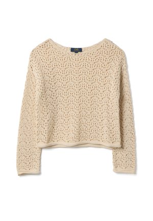 Beiger langärmliger Strickpullover mit Lochmuster, Rundhalsausschnitt und leicht verkürzter Länge, mit dem Label OVS.