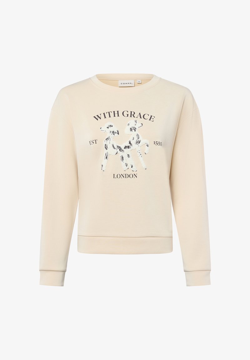 Crème-kleurige sweatshirt met lange mouwen, ronde hals en grafische print van honden. Heeft ribgebreide manchetten en een zoom.