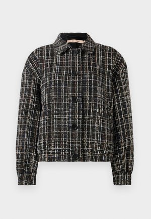 Jachetă din tweed cu carouri negre și multicolore, cu guler, șase închideri cu nasturi negri și manșete elastice. Material texturat.