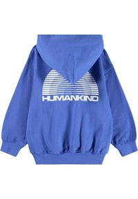 Felpa blu con cappuccio caratterizzata da una grafica bianca con linee orizzontali e la parola "HUMANKIND" sulla schiena. Realizzata in un tessuto morbido e testurizzato.