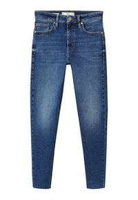 Blue high-waist skinny jeans with button and zipper closure, front and back pockets, and faded detailing on legs.