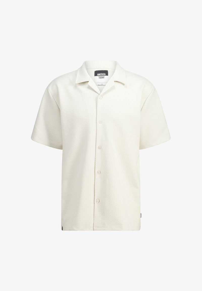 Korte mouwen, crèmekleurig shirt met een textuurpatroon, knoopsluiting aan de voorkant en een klassieke kraag. Merkenlabel zichtbaar in de halslijn.