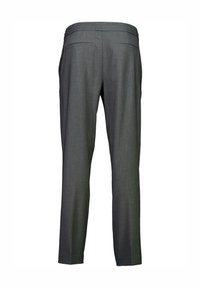 Grijze stoffen broek met een rechte pasvorm, voorzien van een zachte tailleband en twee achterzakken. Het materiaal heeft een subtiele textuur.