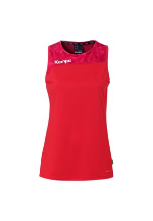Rood mouwloos dames sportshirt met geometrisch patroon op het bovenste borstgedeelte en een wit "Kempa"-logo aan de linkerkant.
