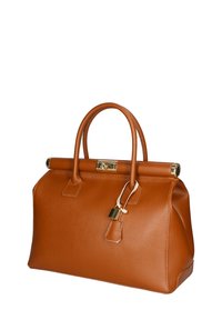 Borsa a mano in pelle marrone chiaro con due manici arrotondati, dettagli in hardware dorato, forma strutturata e un piccolo lucchetto sul lato.