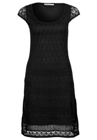 Abito corto a maniche corte lavorato a maglia nera con scollatura a oblò, motivi testurizzati e un design in pizzo aperto sulle spalle.