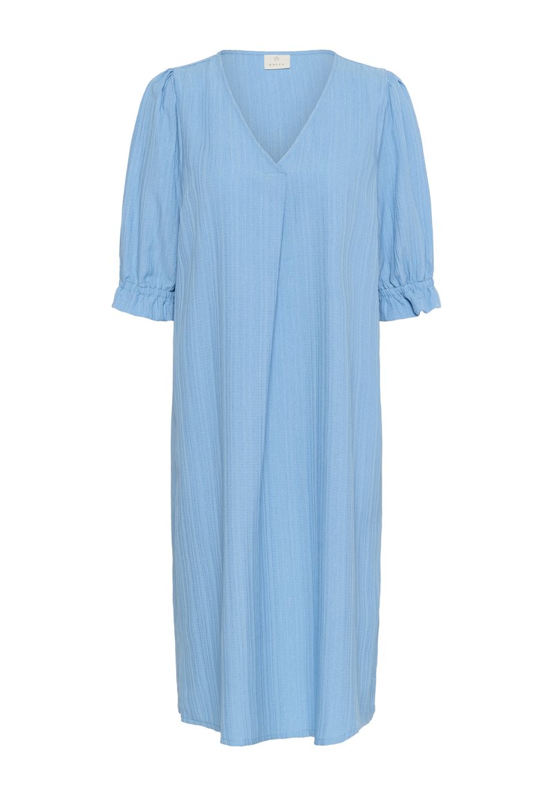 Hellblaues knielanges Kleid mit V-Ausschnitt, kurzen Puffärmeln und feinem vertikalem Texturmuster.