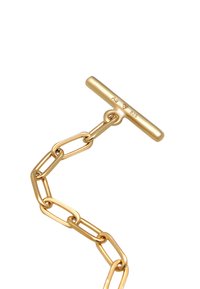 Guldtonad kedjebrasslett med avlånga länkar och ett horisontellt toggle-lås, ingraverat med "Ag" och "925" för silveridentifiering.