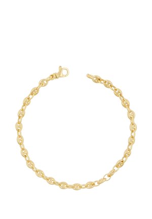 Goldenes Kettenarmband mit ovalen Gliedern und einem Karabinerverschluss auf weißem Hintergrund.