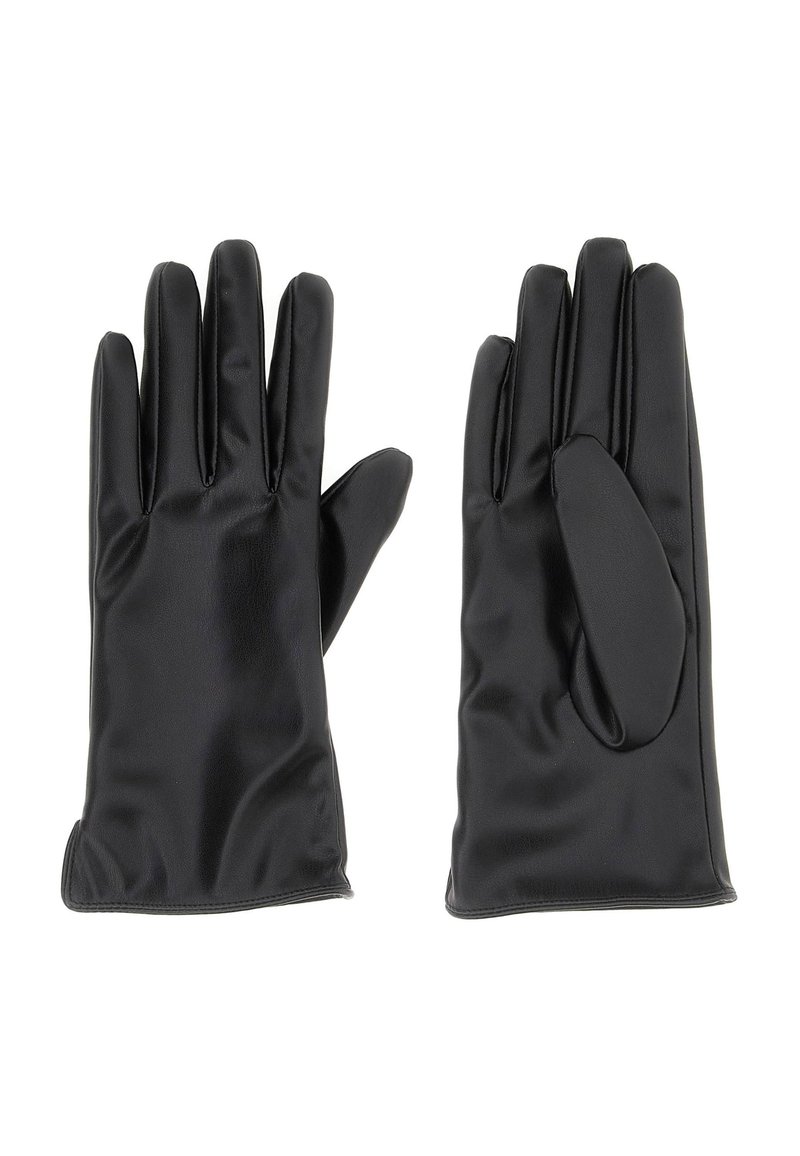 Guanti neri in pelle liscia presentano cinque dita e un design ergonomico, con un motivo sottile nell'area del polso.