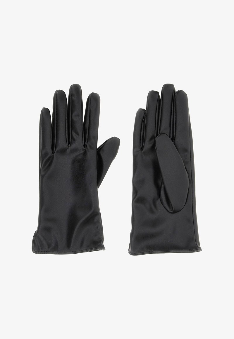 Guanti neri in pelle liscia presentano cinque dita e un design ergonomico, con un motivo sottile nell'area del polso.