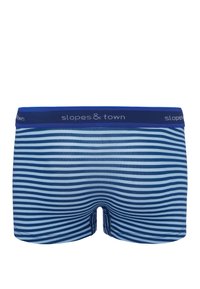 Boxer briefs da uomo in tonalità blu, con un motivo a righe orizzontali. Realizzati in tessuto morbido con una vita solida etichettata 'slopes & town'.