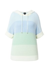 Lichte hoodie pullover in een gestructureerde brei. Beschikt over een verloop van lichtblauwe en groene strepen met een trekkoord en korte mouwen.