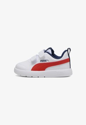 Witte sneakers met rode en marineblauwe accenten, voorzien van een gladde synthetische bovenkant, twee klittenbandsluitingen en een gevoerde kraag voor comfort.