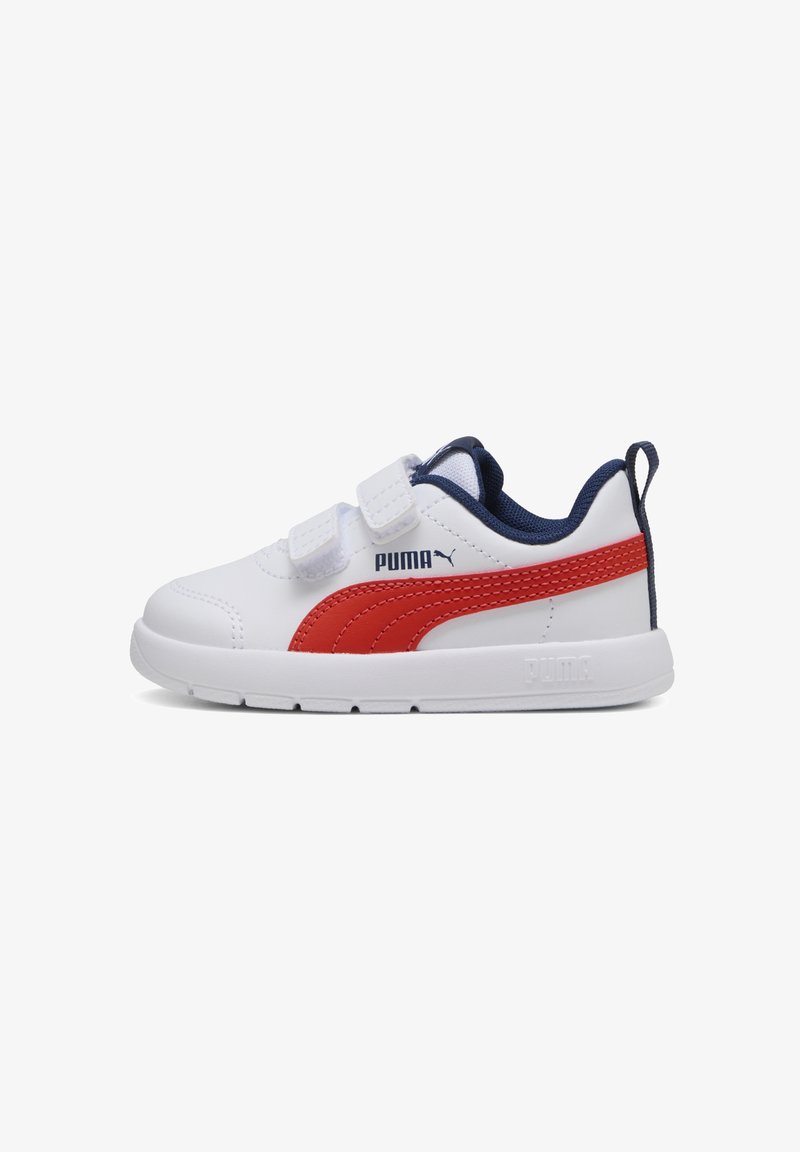 Białe sneakersy z czerwonymi i granatowymi akcentami, charakteryzujące się gładką syntetyczną cholewką, dwoma zapięciami na rzep oraz wyściełanym kołnierzem dla komfortu.