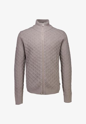 Jasnobrązowy dzianinowy sweter zapinany na zamek z diamentowym wzorem kablowym oraz ściągaczami na mankietach i kołnierzu.