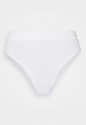 Bela visokotemna bikinija spodnja del z rebrasto teksturo, s gladkim pasom in eleganten dizajn, primeren za kopalne obleke.