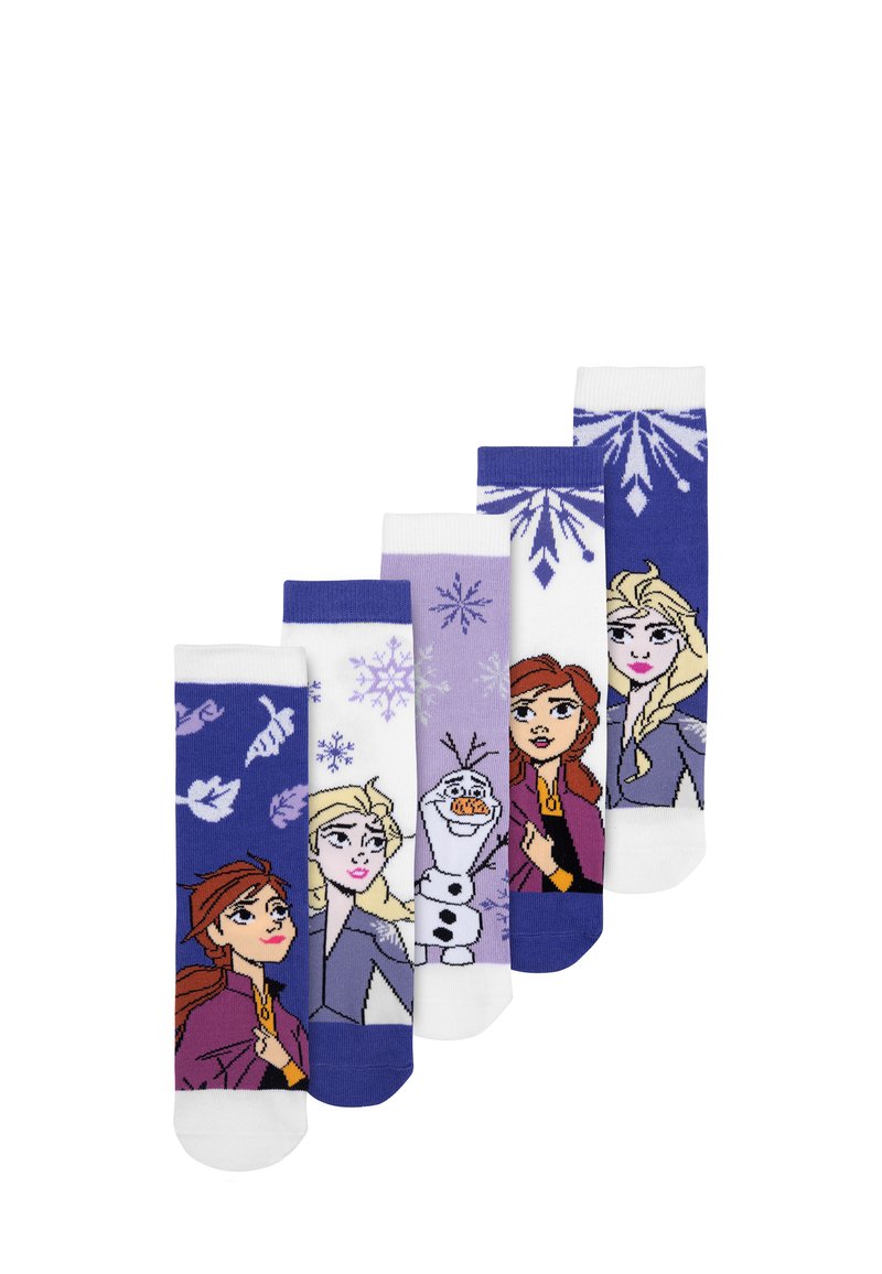Set di cinque calzini a tema cartone animato che presentano personaggi in tonalità di viola e bianco; include fiocchi di neve, motivi e design a maglia con accenti variati.