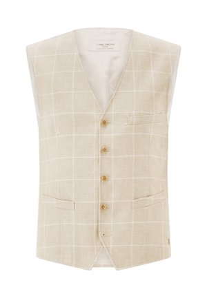 Beige ärmellose Herrenweste mit feinem weißem Karomuster, vier Knöpfen vorne und zwei Fronttaschen.