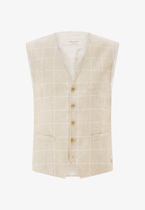 Beige ärmellose Herrenweste mit feinem weißem Karomuster, vier Knöpfen vorne und zwei Fronttaschen.