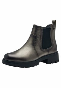 Metallic pilkos odos auliniai batai su elastinėmis šoninėmis dalimis, apvaliu pirštu ir masyviu juodu guminio pado pagrindu su sukibimu.