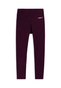 Leggings viola realizzati in tessuto elasticizzato, con un'alta vita e un piccolo logo "FREDDY" in oro metallico sul lato sinistro superiore.