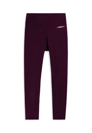 Leggings viola realizzati in tessuto elasticizzato, con un'alta vita e un piccolo logo "FREDDY" in oro metallico sul lato sinistro superiore.