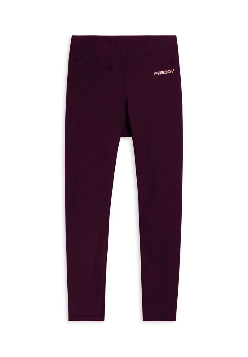 Leggings viola realizzati in tessuto elasticizzato, con un'alta vita e un piccolo logo "FREDDY" in oro metallico sul lato sinistro superiore.